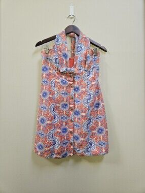 Maeve by Anthropologie Linen Blend Halter Bow Tie Tank Top Coral Blue Print Sz S